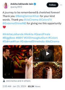 Thank you for your kind words ! Said Ankita to Salman Khan