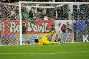 Ahmed Al-Kassar, the goalkeeper for Saudi Arabia, is unable to make a stop in a penalty shootout. (Pc:Aljazeera)