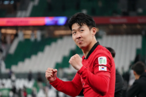 A South Korean player celebrates after the penalty shootout