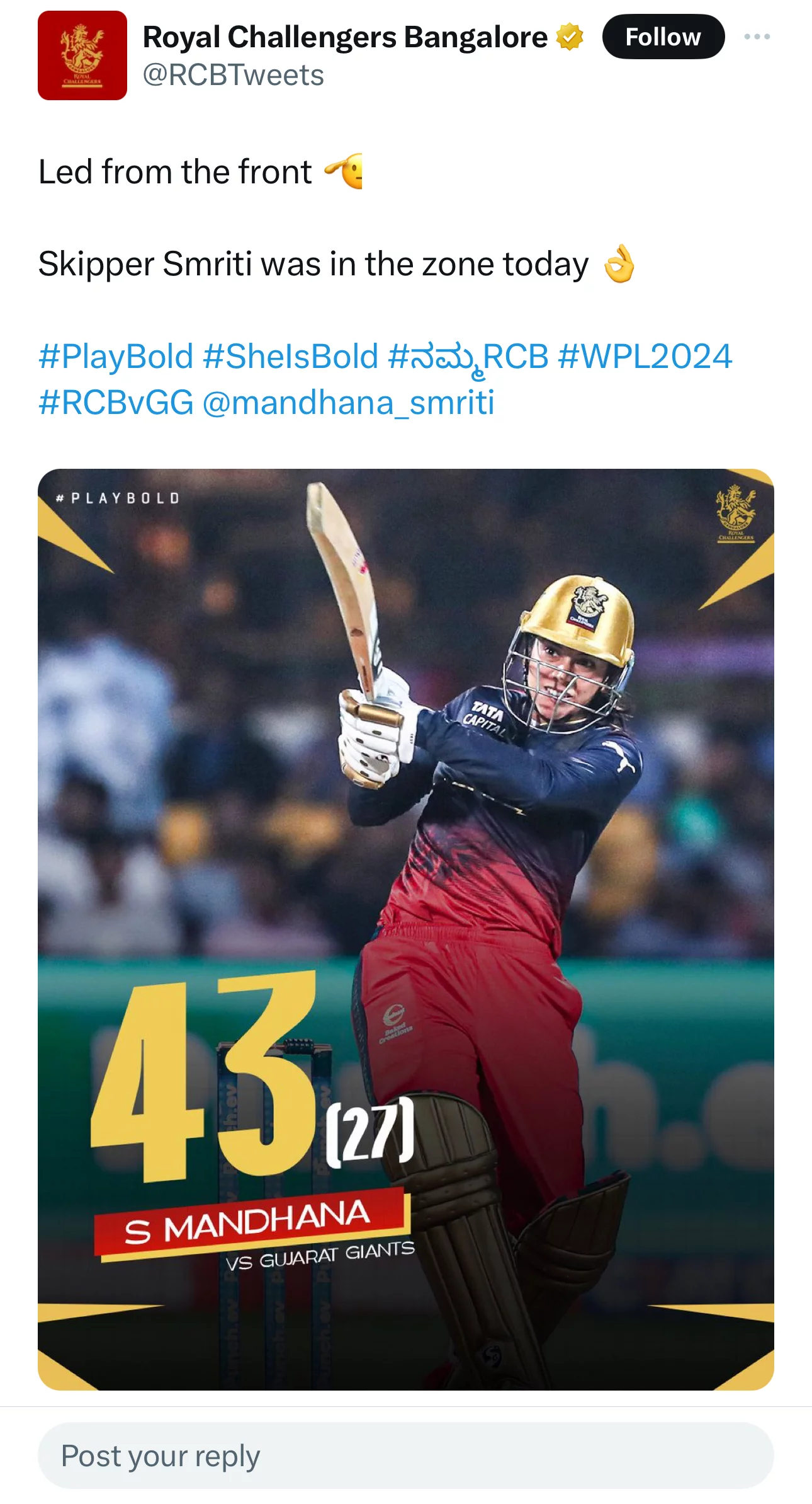 RCB Dominance in the WPL 2024: An 8-wick victory against the Gujarat Giants is led by Mandhana's brilliance.