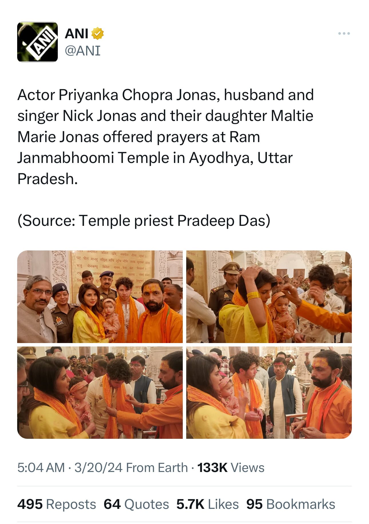 Priyanka Chopra, Nick Jonas Visit Ram Mandir In Ayodhya