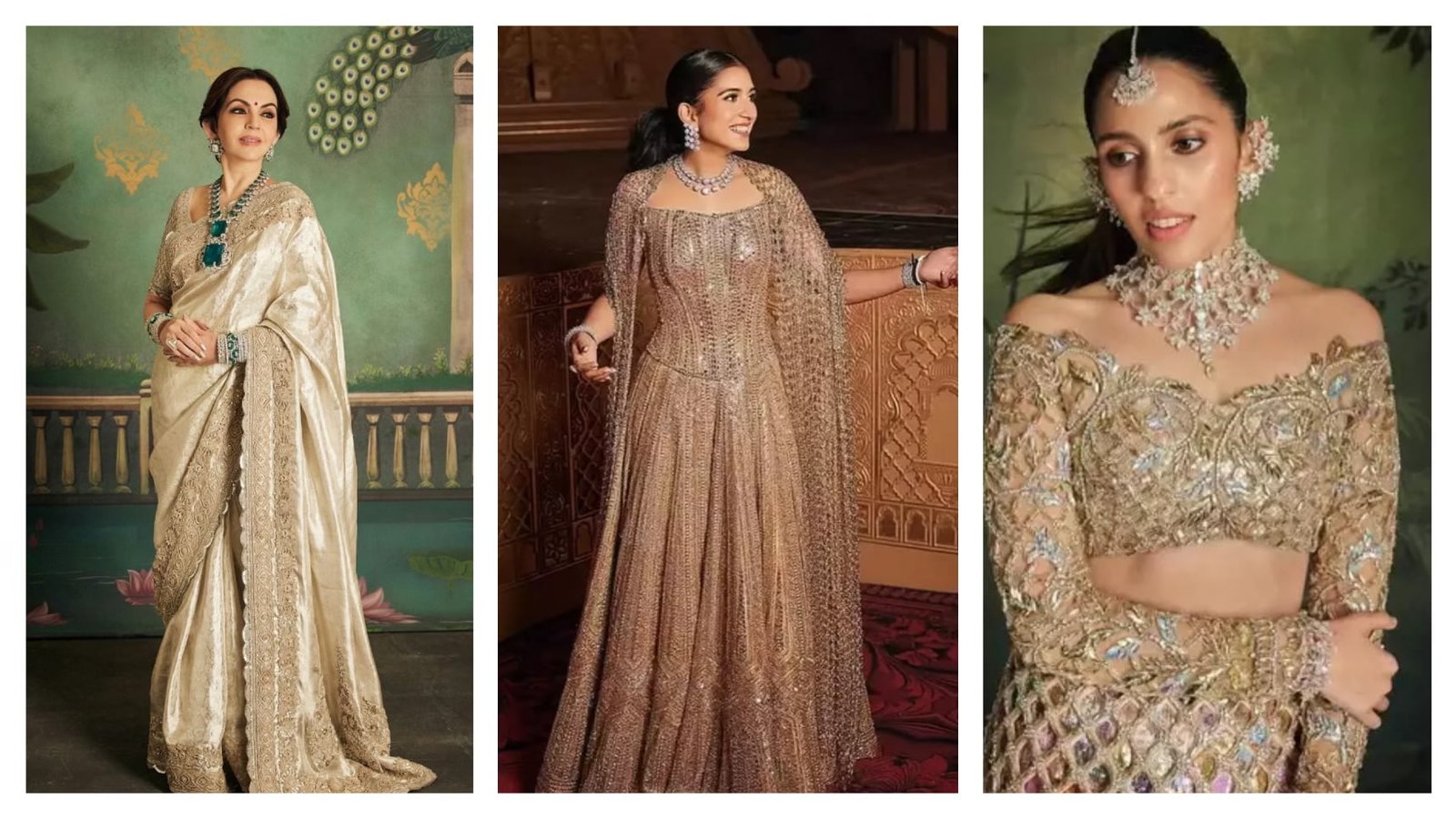 Nita Ambani, Radhika Merchant , Shloka Mehta in Manish Malhotra Ensembles.