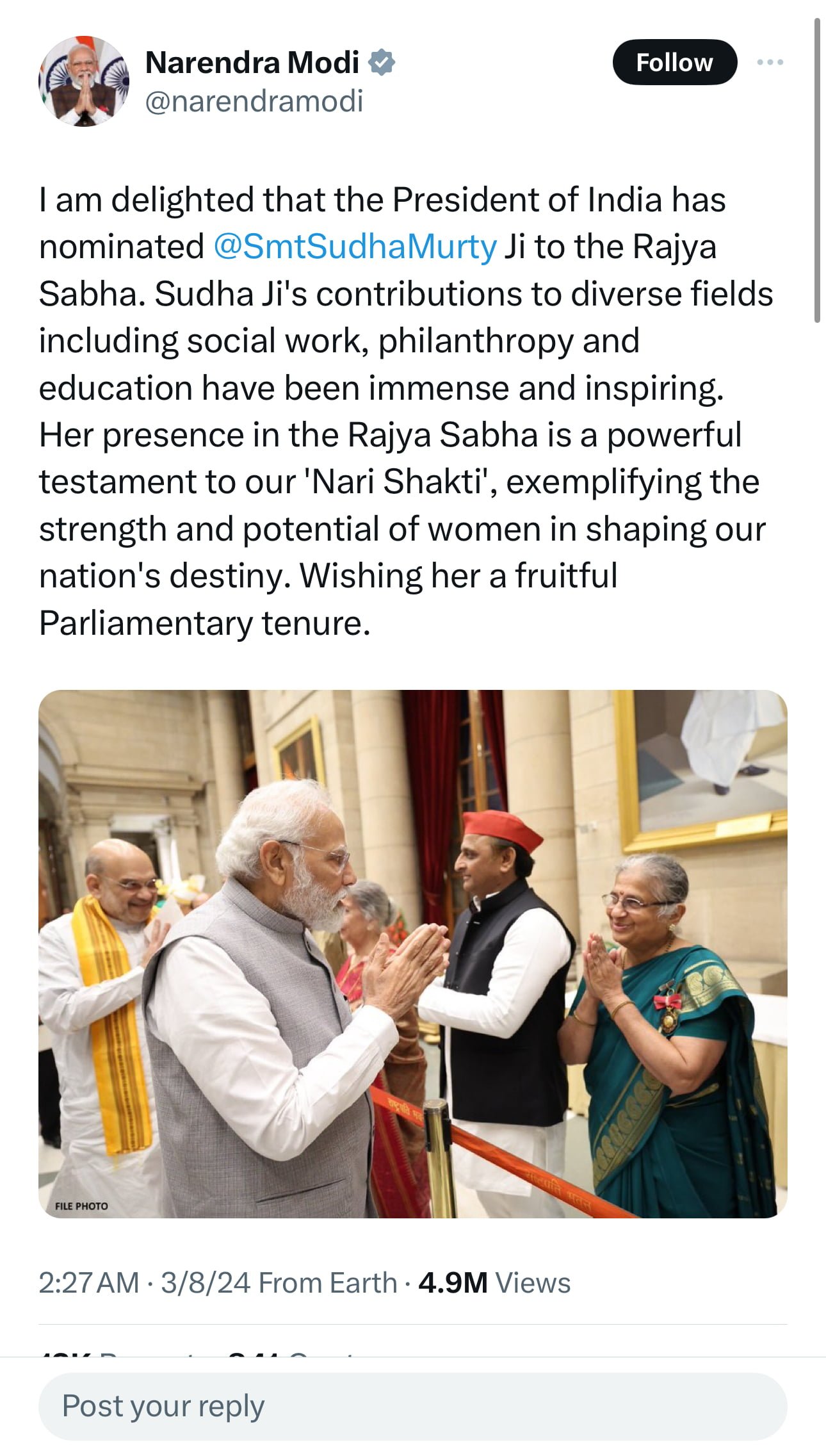 PM posts on ‘X’: PM Narendra Modi announcing that her presence in Rajya Sabha would be a "powerful testament to our 'Nari Shakti',