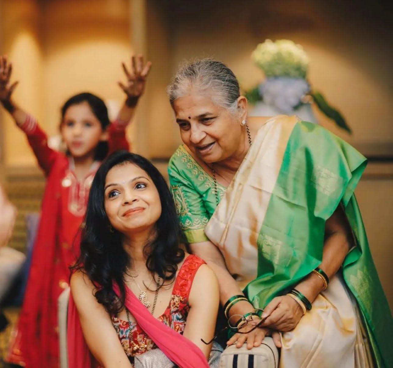 Sudha Murty & Akshata Murty her daughter, she is married to Rishi Sunak, the Chancellor of the Exchequer in the United Kingdom.